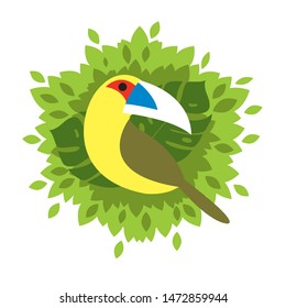 Toucan icon is a flat, cartoon style. Exotic bird sitting on a branch in the tropics. Isolated on white background. 