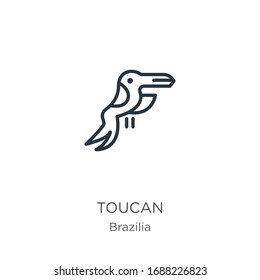 Toucan-Symbol. Dünne lineare Toucan-Umrisssymbol einzeln auf weißem Hintergrund aus brasilianischer Kollektion. Vektorillustration der Linie, Symbol für Web und Mobilfunk