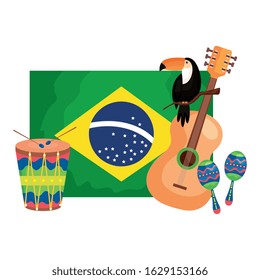 toucan and icons with flag brazil vector illustration design
