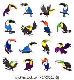 Toucan icons set. Cartoon set of toucan vector icons for web design