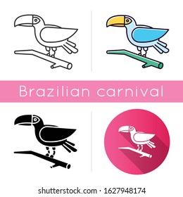 Toucan icons set. Linear, black and RGB color styles. Exotic bird. Brazilian fauna. Wildlife. Tropical birdie. Ornithology. South America wild animal. Isolated vector illustrations