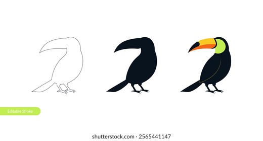 Toucan Illustration in Three Styles: Clipart, Silhouette, and Editable Stroke Outline