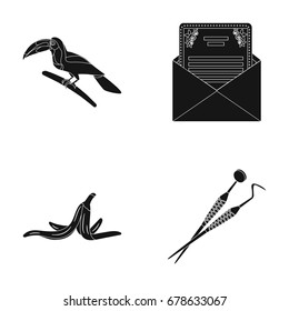 Toucan, invitation in an envelope and other web icon in black style. banana skin, dentist's instrument icons in set collection.