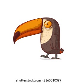 A Toucan, Isolated Vector Illustration. Cute Cartoon Picture Of A Serene Toucan Standing On The Ground. Drawn Bird Sticker. Simple Drawing Of Tropical Bird On White Background