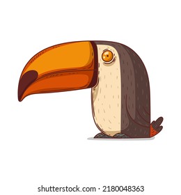 A Toucan, Isolated Vector Illustration. Cute Cartoon Picture Of A Serene Toucan Stitting On The Ground. Drawn Bird Sticker. Simple Drawing Of Tropical Bird On White Background