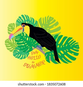 toucan in the jungle. big palm leaves and say hello to summer slogan on the yellow background.