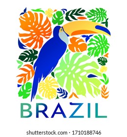 Toucan in jungle flat style banner template. Brazilian background for promo, advertising. Tropical placeholder. Design icon