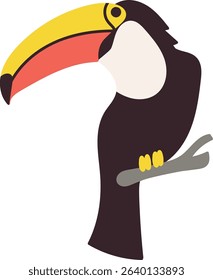 A toucan with a large beak perched on a branch in a flat style. The bird features bold shapes and smooth lines in a modern depiction. Cartoon vector illustration.