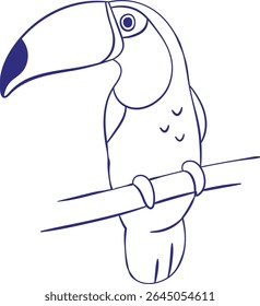 A toucan with a large beak perched on a branch in a simple line art style. The bird is drawn with clean lines and minimal detail, emphasizing its distinctive shape. Cartoon vector illustration.
