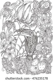 Toucan and leaves and flowers with ethnic floral doodle pattern. Coloring book page - zendala, design for meditation for adults, vector illustration, isolated on a white background. Zen doodles.