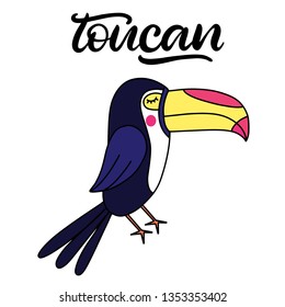 Toucan lettering vector illustration. Template for summer sale banner, party invitation card, poster, print with exotic bird. EPS10