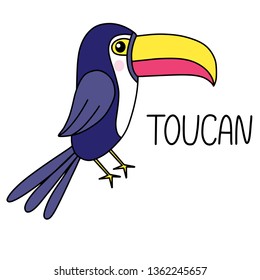 Toucan lettering vector illustration. Template for summer sale banner, party invitation card, poster, fabric print, children color book with exotic bird. EPS10