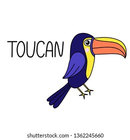 Toucan lettering vector illustration. Template for summer sale banner, party invitation card, poster, fabric print, children color book with exotic bird. EPS10