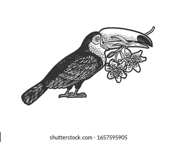 toucan and lilies sketch engraving vector illustration. T-shirt apparel print design. Scratch board style imitation. Hand drawn image.