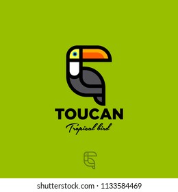 Toucan logo. Tropical bird flat emblem. Toucan icon on yellow-green background.