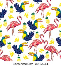 toucan low, poly, stylization Toucan, banan, bird, pineapple tropical vector illustration textile print fashion seamless. Vector illustration. polygonal seamless 