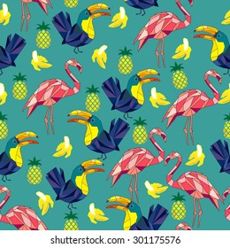 toucan low, poly, stylization Toucan, banan, bird, pineapple tropical vector illustration textile print fashion seamless. Vector illustration. polygonal seamless 