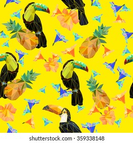 toucan low, poly, stylization Toucan, bird, pineapple tropical vector illustration textile print fashion seamless. Vector illustration. polygonal seamless