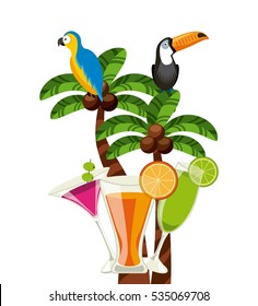 toucan and macaw birds and cocktails drinks icon over white background. colorful design. vector illustration