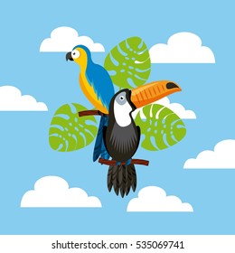 toucan and macaw birds over green leaves and sky background. colorful design. vector illustration