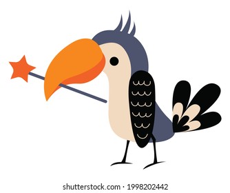 Toucan with a magic wand. Jungle. Cute hand-drawn bird on a white isolated background. Vector illustration.