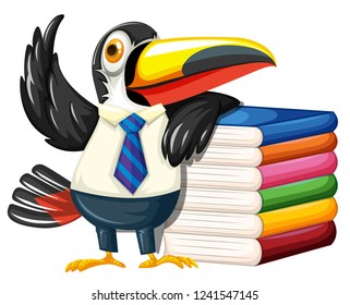 Toucan with many books illustration