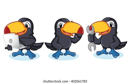Toucan Mascot with laptop, phone and tool