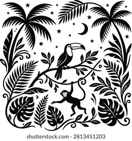 Toucan and monkey in tropical jungle foliage with moon and stars illustration