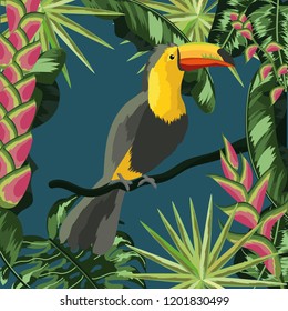 toucan with natural leaves plants background