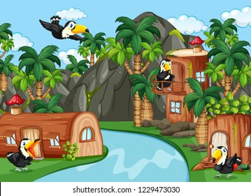 Toucan in the nature house illustration