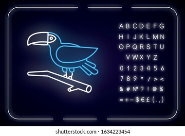 Toucan neon light icon. Exotic bird. Brazilian fauna. Wildlife. Tropical birdie. Ornithology. Outer glowing effect. Sign with alphabet, numbers and symbols. Vector isolated RGB color illustration