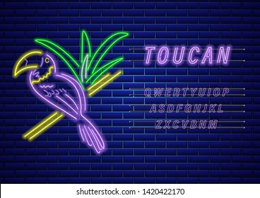 Toucan neon Vector. Glowing shiny colorful bird decor. Banner template text