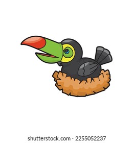 toucan in the nest vector art, cute bird cartoon illustration