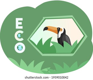Toucan on abstract ecological background with leaves. Wild tropical bird surrounded by greenery