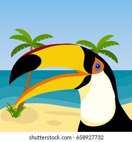Toucan on the background of the ocean and palm trees. Toucan head. Flat design, vector illustration, vector.