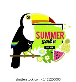 Toucan on the branch. Abstract Summer Sale Background