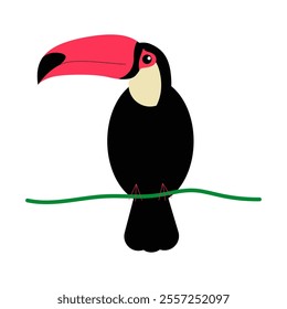 Toucan On Branch In Flat Vector Illustration Symbolizing Wildlife, Tropical Birds, And Nature, Isolated On White Background