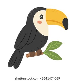 Toucan on branch with green leaves, jungle, wild animal. Cartoon style. For kids content, jungle animals, or tropical designs. White background.