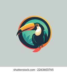 Toucan on branch logo wild nature. Printing on clothes. Logo bird bright colors