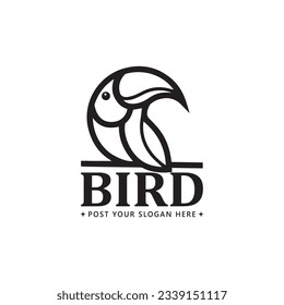 Toucan on a Branch Symbol. This logo features a vector illustration of a toucan perched on a branch. The design is simple, utilizing black as the primary color against a white background. 