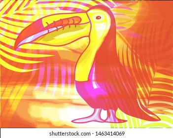 Toucan on a color natural background with palm leaves. In orange