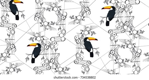 
toucan on a graphic background in the style of minimalism with honeycomb