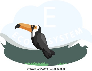 Toucan on inscription eco on abstract background. Representative of biodiversity, wild bird