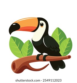 tucano em galho de árvore isolado no fundo branco ilustração plana