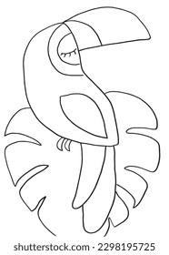 Toucan outline illustration image. 
Hand drawn image artwork of toucan. 
Simple cute original logo of a monochrome toucan.
Hand drawn vector illustration for posters, cards, t-shirts.