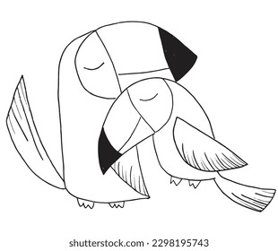 Toucan outline illustration image. 
Hand drawn image artwork of toucan. 
Simple cute original logo of a monochrome toucan.
Hand drawn vector illustration for posters, cards, t-shirts.