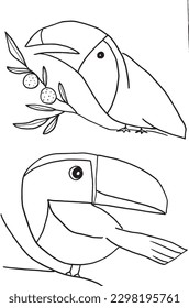 Toucan outline illustration image. 
Hand drawn image artwork of toucan. 
Simple cute original logo of a monochrome toucan.
Hand drawn vector illustration for posters, cards, t-shirts.