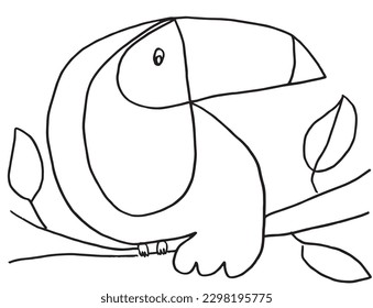 Toucan outline illustration image. 
Hand drawn image artwork of toucan. 
Simple cute original logo of a monochrome toucan.
Hand drawn vector illustration for posters, cards, t-shirts.