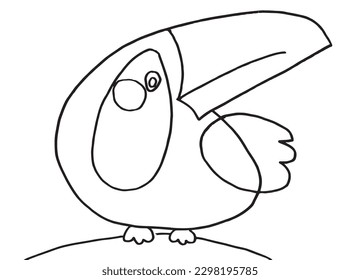 Toucan outline illustration image. 
Hand drawn image artwork of toucan. 
Simple cute original logo of a monochrome toucan.
Hand drawn vector illustration for posters, cards, t-shirts.