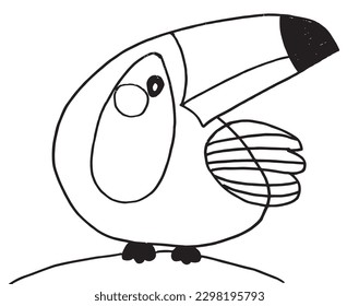 Toucan outline illustration image. 
Hand drawn image artwork of toucan. 
Simple cute original logo of a monochrome toucan.
Hand drawn vector illustration for posters, cards, t-shirts.